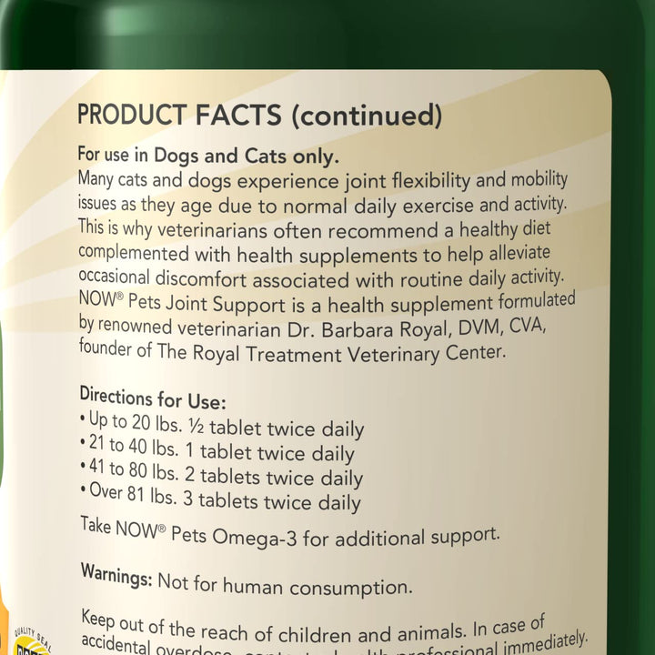 NOW Pet Health, Joint Support Supplement, Formulated for Cats & Dogs, NASC Certified, 90 Chewable Tablets