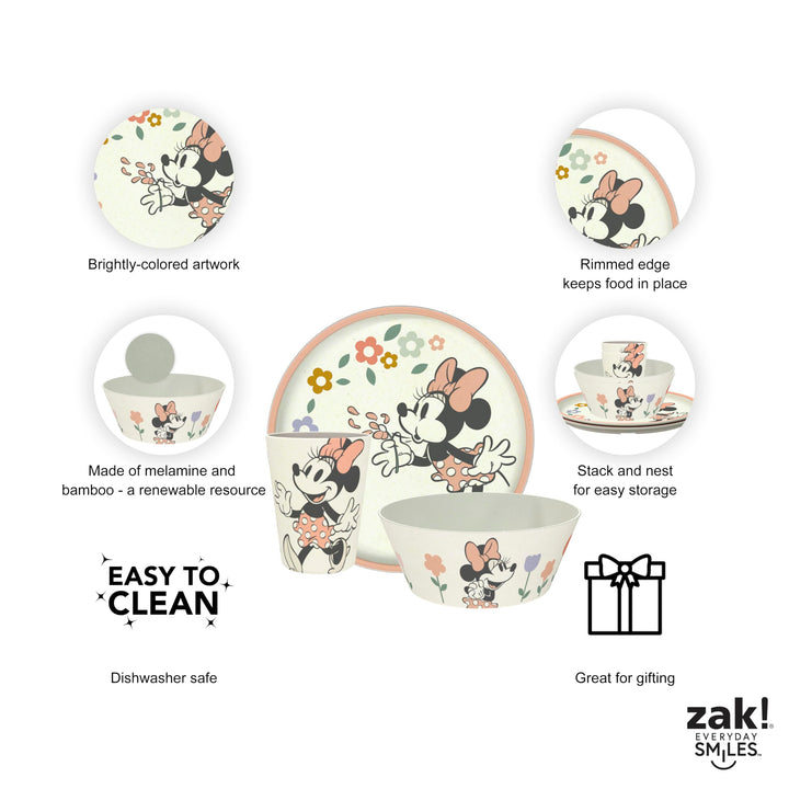 Zak Designs Disney Kids Dinnerware Set 3 Pieces, Durable and Sustainable Melamine Bamboo Plate, Bowl, and Tumbler are Perfect For Dinner Time With Family (Minnie Mouse) 8" Plate, 6" Bowl, 10oz Tumbler Minnie Mouse