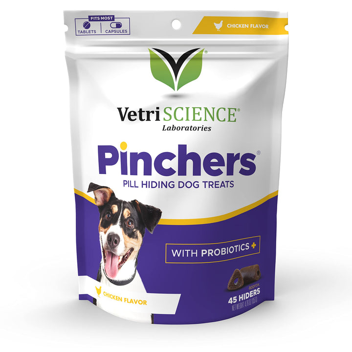 VETRISCIENCE Pinchers Pill Hiding Dog Treats with Probiotics - Wrap Pills, Capsules and Tablets - Makes Giving Medication Easy 45 Count (Pack of 2) Chicken