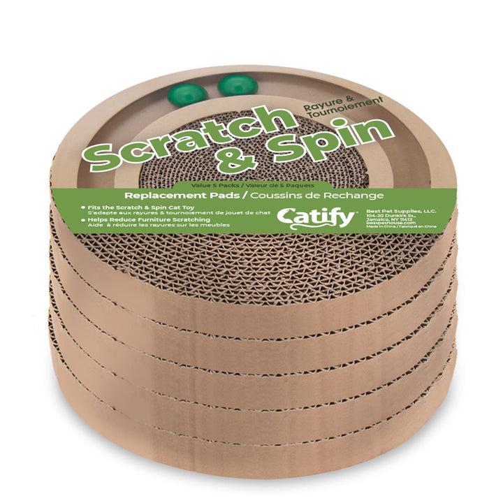 Best Pet Supplies Scratch and Spin Cat Scratcher Replacement Pads for Active Play, Natural Recycled Corrugated Cardboard, Supports Pet Behaviors, Relieves Stress - 5 Count 5 Pack Round