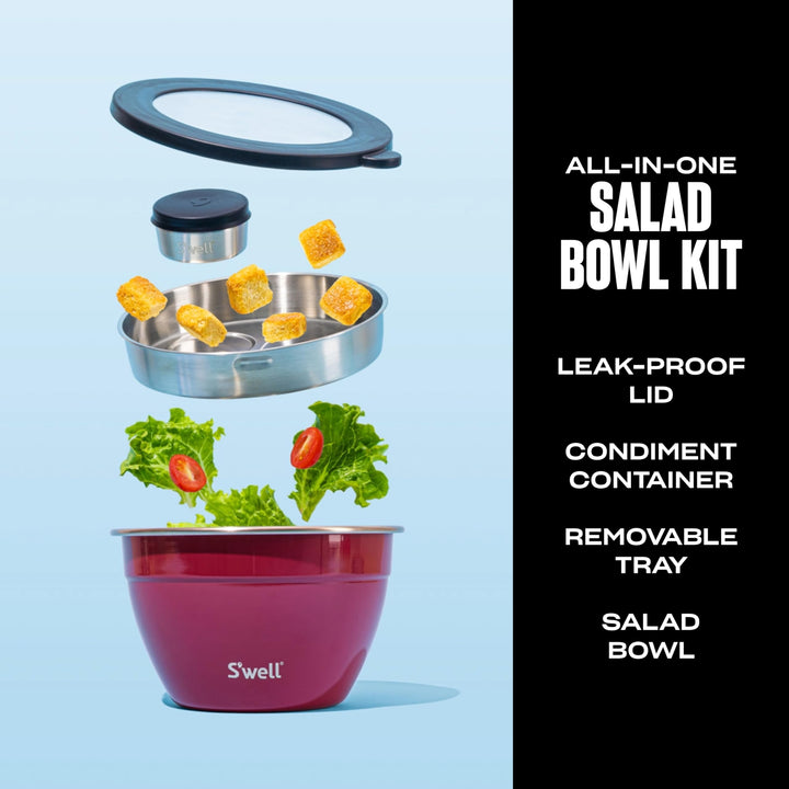 S'well Stainless Steel Salad Bowl Kit 64oz, Wild Cherry, Comes with 2oz Mini Canister and Removable Tray for Organization, Leakproof, Easy to Clean, Dishwasher Safe 64 oz