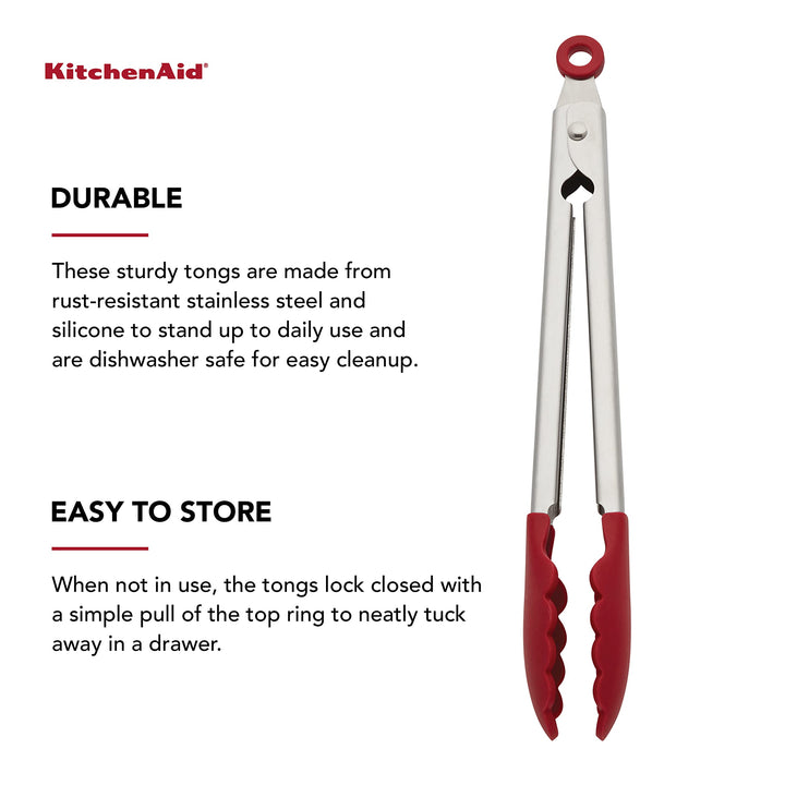 KitchenAid Silicone Stainless Steel Tongs, 12 Inch, Red