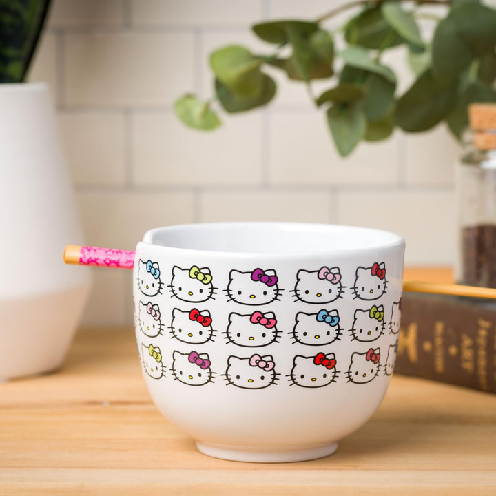 Silver Buffalo Sanrio Hello Kitty Faces and Bows Pattern Ceramic Ramen Rice Bowl with Chopsticks, 20 Ounces
