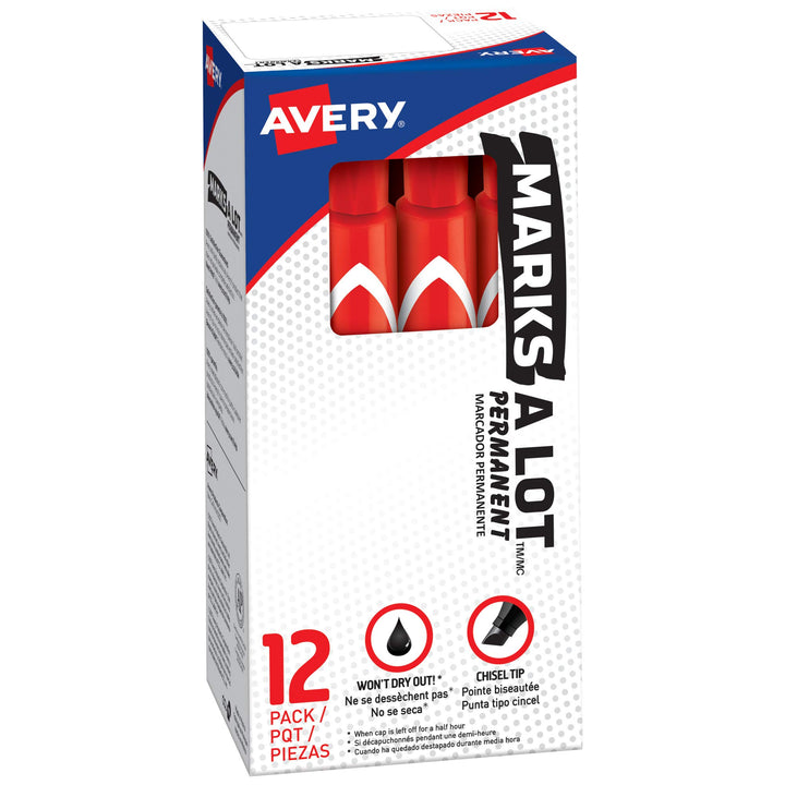 AVERY Marks A Lot Permanent Markers, Large Desk-Style Size, Chisel Tip, Water and Wear Resistant, 12 Red Markers (08887) Stick