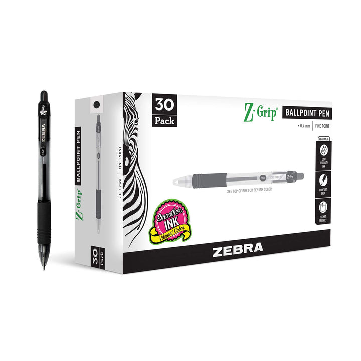 Zebra Pen Z-Grip Retractabe Ballpoint Pen, Fine Point, 0.7mm, Black Ink, 30-Pack