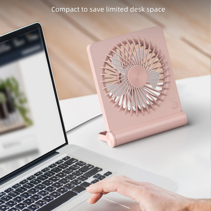 Koonie USB Fan, Strong Wind Ultra Quiet Small Desk Fan 220° Tilt Folding 3 Speeds Adjustable USB-C Corded Powered Personal Fan for Home Office Desktop Pink Pink without Battery 5.7in