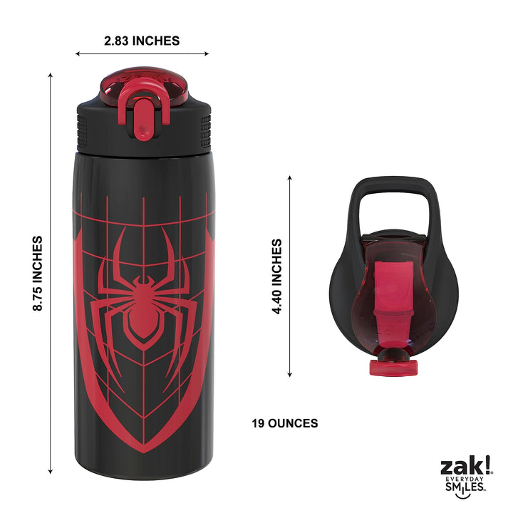 Zak Designs Marvel Spider-Man Water Bottle for Travel and At Home, 19 oz Vacuum Insulated Stainless Steel with Locking Spout Cover, Built-In Carrying Loop, Leak-Proof Design (Miles Morales)