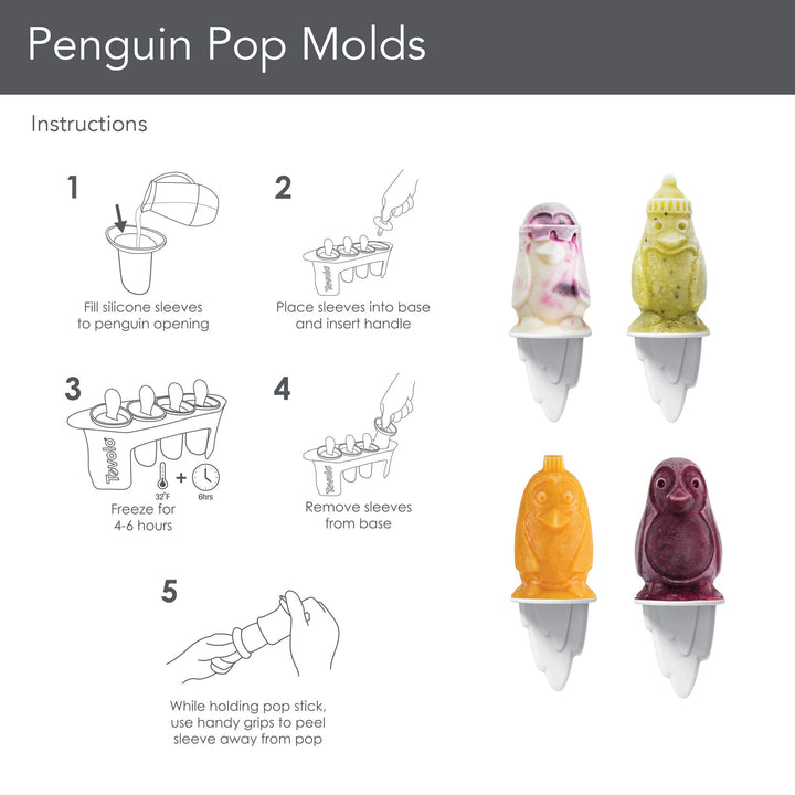 Tovolo Penguin Popsicle Molds (Set of 4) - Reusable Mess-Free Silicone Ice Pops with Sticks for Homemade Freezer Snacks / Dishwasher-Safe & BPA-Free,White