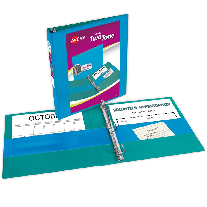 Avery Two-Tone Durable 3 Ring Binder, 1 Inch Slant Rings, Blue/Teal View Binder (17290) 1"