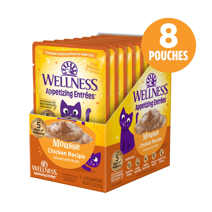 Wellness® Appetizing Entrées™ Mousse Chicken Recipe Infused with Broth Natural Wet Cat Food, 1.4 oz Pouch (Pack of 8) Chicken Mousse 1.4 Ounce (Pack of 8)