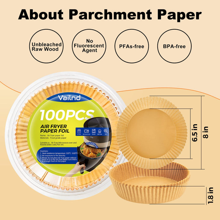 Air Fryer Paper Liners Disposable: 100pcs Oil Proof Parchment Sheets Round, Airfryer Paper Basket Bowl Liner for Baking Cooking Food 6.5"Round 100