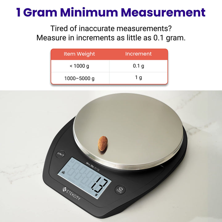 Etekcity 0.1g Food Scale, Bowl, Digital Grams and Ounces for Weight Loss, Dieting, Baking, Cooking, and Meal Prep, 11lb/5kg, Stainless Steel Black