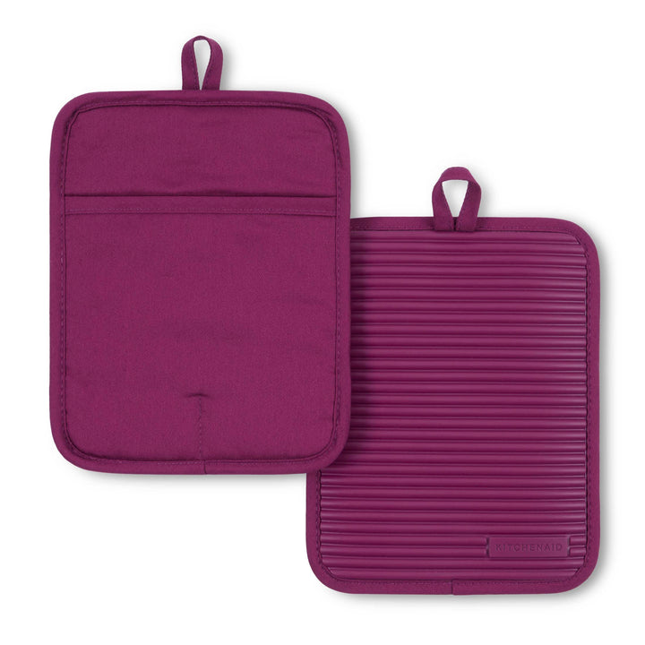 KitchenAid Ribbed Soft Silicone Pot Holder 2-Pack Set, Beet, 7"x9" 7"x9" Holder Set