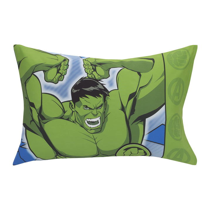 Marvel The Incredible Hulk - The Big Guy - Blue and Green 4 Piece Toddler Bed Set - Comforter, Fitted Bottom Sheet, Flat Top Sheet, and Reversible Pillowcase