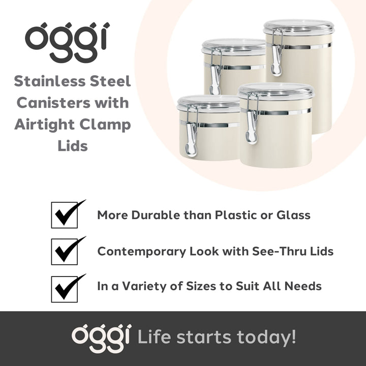 Oggi Stainless Steel Kitchen Canister 26 fl oz, Gray - Airtight Clamp Lid, Clear See-Thru Top - Ideal for Kitchen Storage, Food Storage, Pantry Storage. Size 5" x 3.5". Warm Gray 26-ounce Airtight Canister