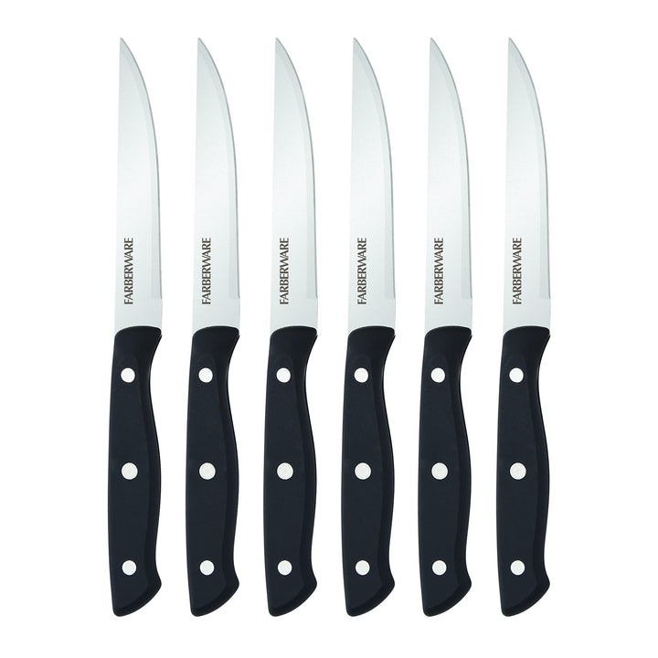 Farberware Triple Riveted Steak Knife Set, 6-Piece, High-Carbon Stainless Steel Knife Set, Razor-Sharp Steak Knife Set with Fine Edge Blades, Black 6 Piece