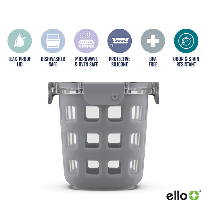 Ello Duraglass Meal Prep Container- Glass Food Storage Container with Silicone Sleeve and Airtight BPA-Free Plastic Lid, Dishwasher, Microwave, and Freezer Safe 3 Cup Grey