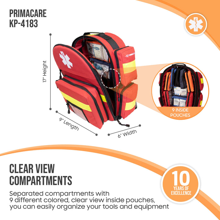 Primacare KP-4183 Trauma Emergency Medical Supplies Tactical 17"x6"x9" Trauma Back Pack Bag for Holding O2 Tank