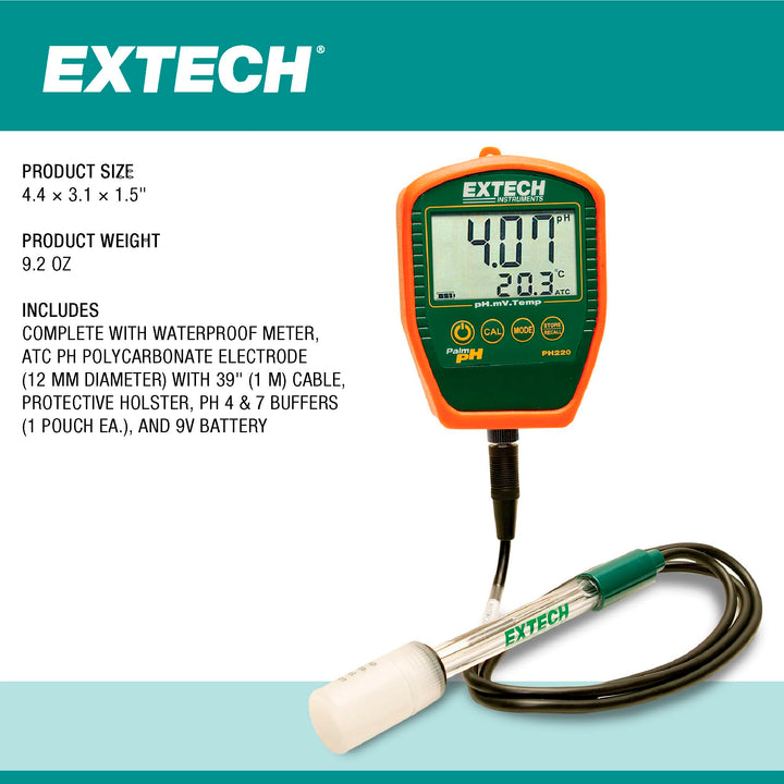 Extech PH220-C Waterproof Palm pH Meter with Cabled Electrode Cable Electrode