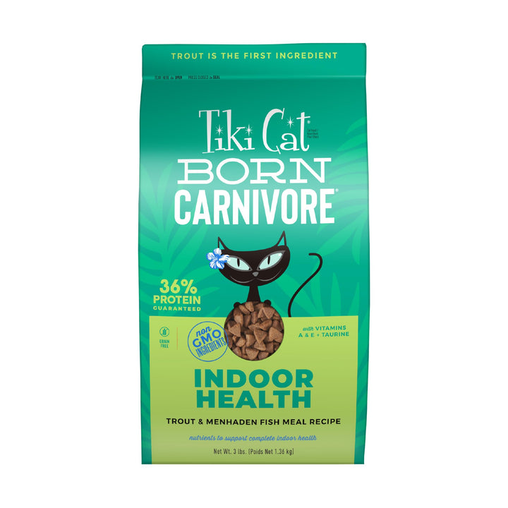 Tiki Cat Born Carnivore High Protein, Indoor Health, Trout, Menhaden Fish Meal Recipe, Grain-Free Baked Kibble to Maximize Nutrients, Dry Cat Food, 3 lbs. Bag Trout & Menhaden Fish 3 Pound (Pack of 1)