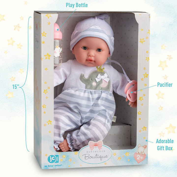 15" Realistic Soft Body Baby Doll with Open/Close Eyes | JC Toys - Berenguer Boutique | Bottle & Pacifier | Grey | Ages 2+