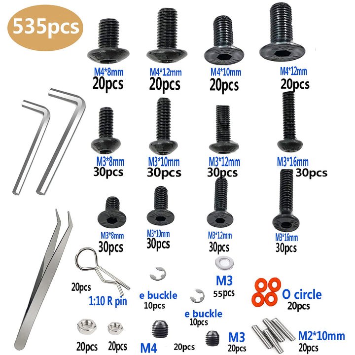 535PCS RC Screw Kit Repair Tool Assortment Set M3 M4 Hex Screws Nut Hardware Fasteners with Wrench for Traxxas Axial Redcat HSP HPI Arrma Losi 1:8 1:10 1:12 1:16 Scale RC Cars Trucks Crawler Parts