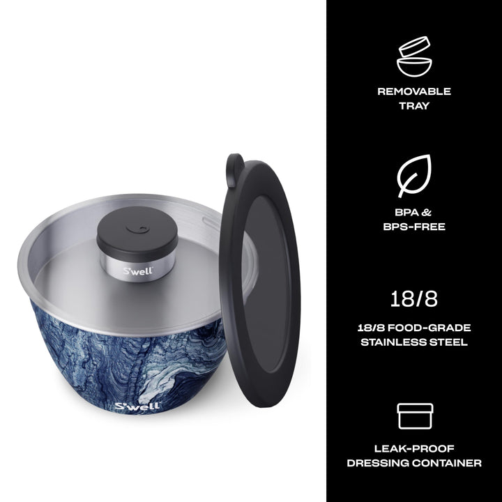 S'well Stainless Steel Salad Bowl Kit - 64oz, Azurite - Comes with 2oz Condiment Container and Removable Tray for Organization - Leak-Proof, Easy to Clean, Dishwasher Safe 64 oz Azurite Marble