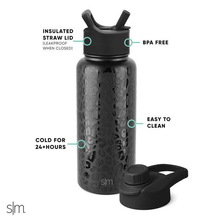 Simple Modern Water Bottle with Straw and Chug Lid Vacuum Insulated Stainless Steel Metal Thermos Bottles | Reusable Leak Proof BPA-Free Flask for Sports Gym | Summit Collection | 32oz, Black Leopard