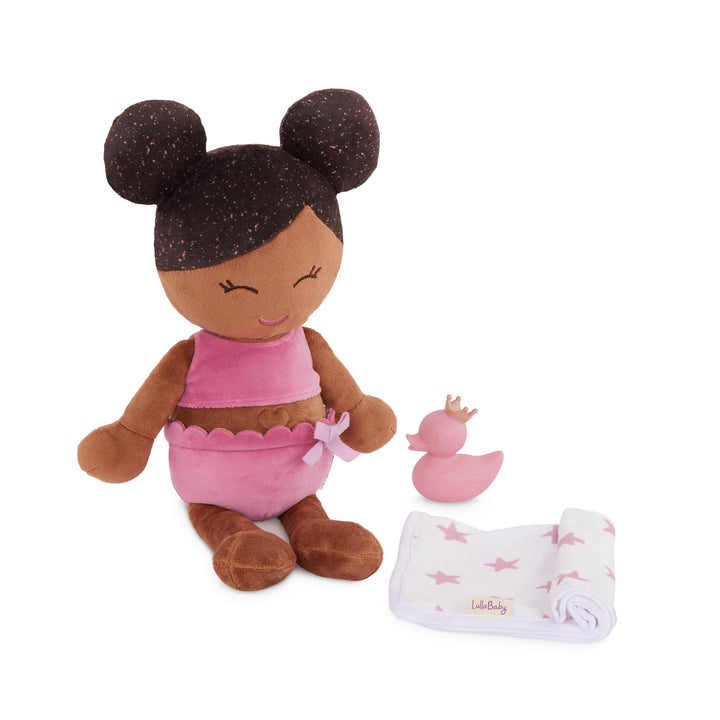 LullaBaby – 14-inch Water-Safe Bath Doll – Warm Skin Tone & Dark-Brown Hair – Toddler Bath Toys – Towel & Bath Ducky Accessories – Kids Ages 2 & Up – Bath Doll – Warm Skin Tone & Dark-Brown Hair Brown Hair - Girl