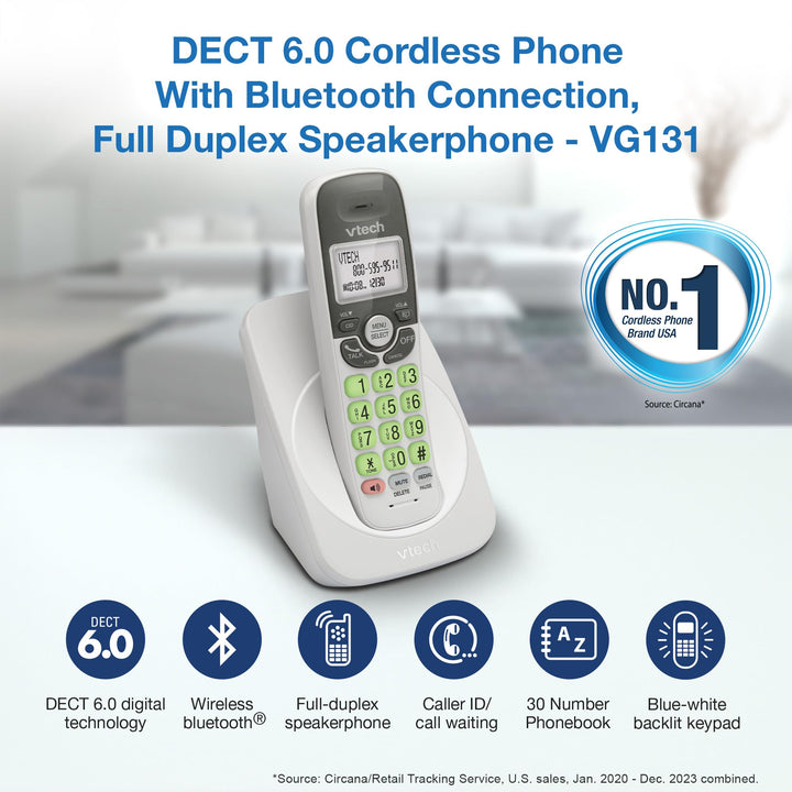 [New] VTech VG131 DECT 6.0 Cordless Phone - Bluetooth Connection, Blue-White Display, Big Buttons, Full Duplex Speakerphone, Caller ID,Easy Wall Mount, 1000ft Range (White/Grey) Caller ID + Bluetooth White