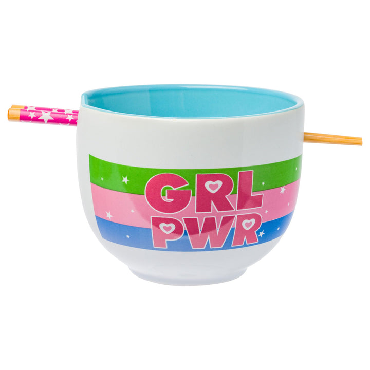 Silver Buffalo The Powerpuff Girls Rainbow Girl Power Featuring Blossom, Bubbles, and Buttercup Ceramic Ramen Noodle Rice Bowl with Chopsticks, Microwave Safe, 20 Ounces Power Puff Girls