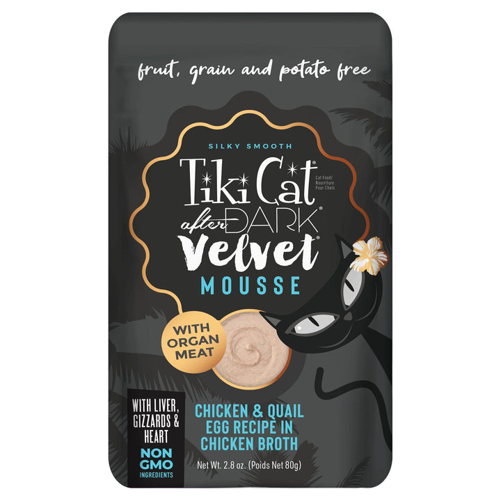 Tiki Cat After Dark, Velvet Mousse, Chicken & Beef Recipe in Chicken Broth, Grain & Potato Free Formula, with High Protein & Nutrient Dense Blended Irresistible Organ Meat, 2.8 oz. Pouch (Pack of 12)