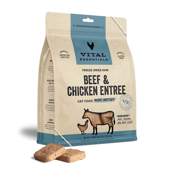 Vital Essentials Freeze Dried Raw Cat Food, Beef & Chicken Mini Patties Entree, 8 oz