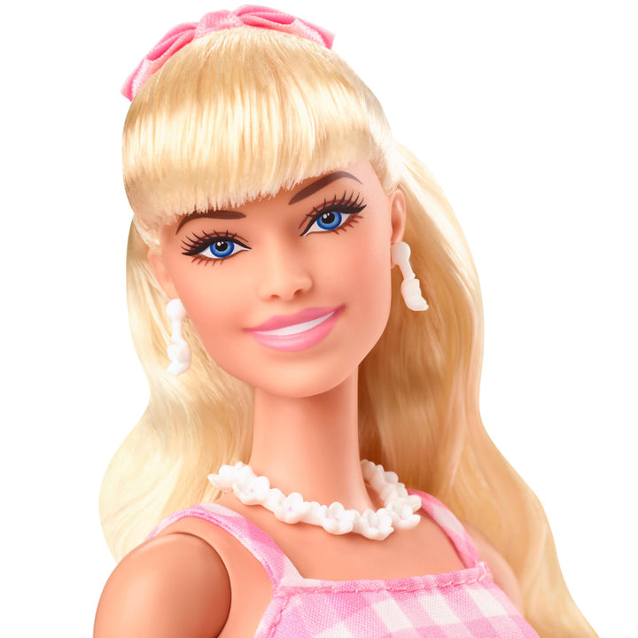 Barbie The Movie Doll, Margot Robbie as, Collectible Doll Wearing Pink & White Gingham Dress with Daisy Chain Necklace Multicolor