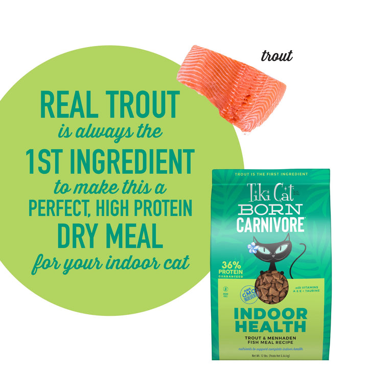 Tiki Cat Born Carnivore High Protein, Indoor Health, Trout, Menhaden Fish Meal Recipe, Grain-Free Baked Kibble to Maximize Nutrients, Dry Cat Food, 3 lbs. Bag Trout & Menhaden Fish 3 Pound (Pack of 1)