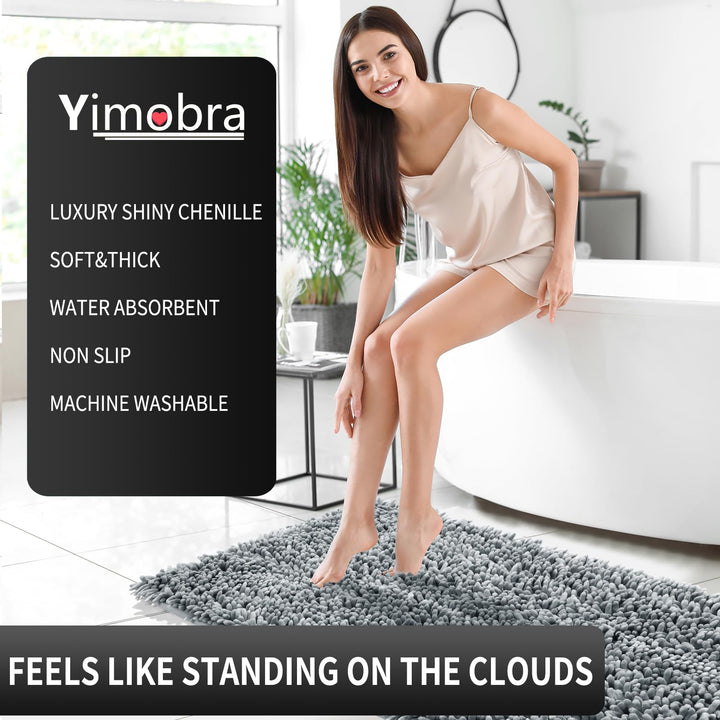 Yimobra Bathroom Rug, Chenille Extra Soft and Absorbent Shaggy Bath Mat, Non Slip, Machine Washable Dry, Plush Floor Carpet for Tub, Shower and Bath Room (17 Inches X 24 Inches, Silver)