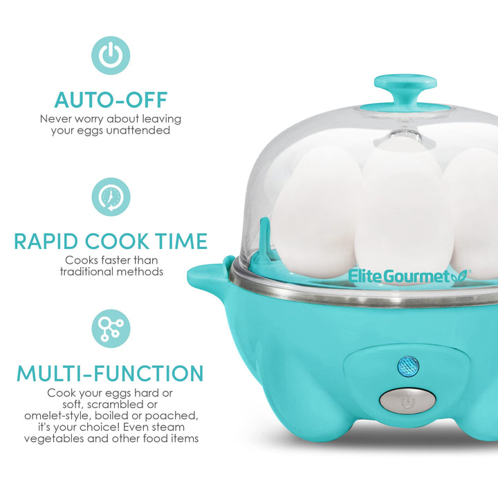 Elite Gourmet EGC-007T# Rapid Egg Cooker, 7 Easy-To-Peel, Hard, Medium, Soft Boiled Eggs, Poacher, Omelet Maker, Auto Shut-Off, Alarm, 16-Recipe Booklet, Teal 7 Egg Blue