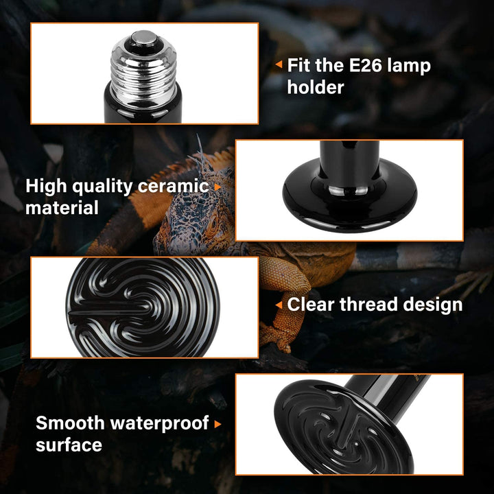 Simple Deluxe 25W/40W/50W/60W/100W/150W Ceramic Heat Emitter Reptile Heat Lamp Bulb No Light Emitting Brooder Coop Heater for Amphibian Pet & Incubating Chicken, Black/2-Pack, 25W 25 Watts
