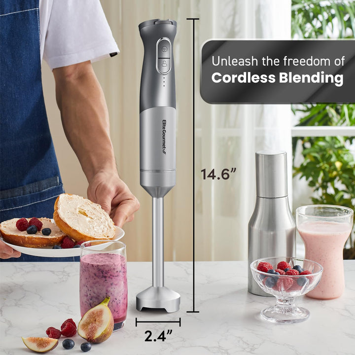 Elite Gourmet EHB1300 Cordless Rechargeable Hand Blender, Variable Speed Blending, One-Touch Power, Stainless Steel Blade, Portable Easy Control Stick Mixer, Sauce, Soup, Smoothie, Baby Food,Dark Grey