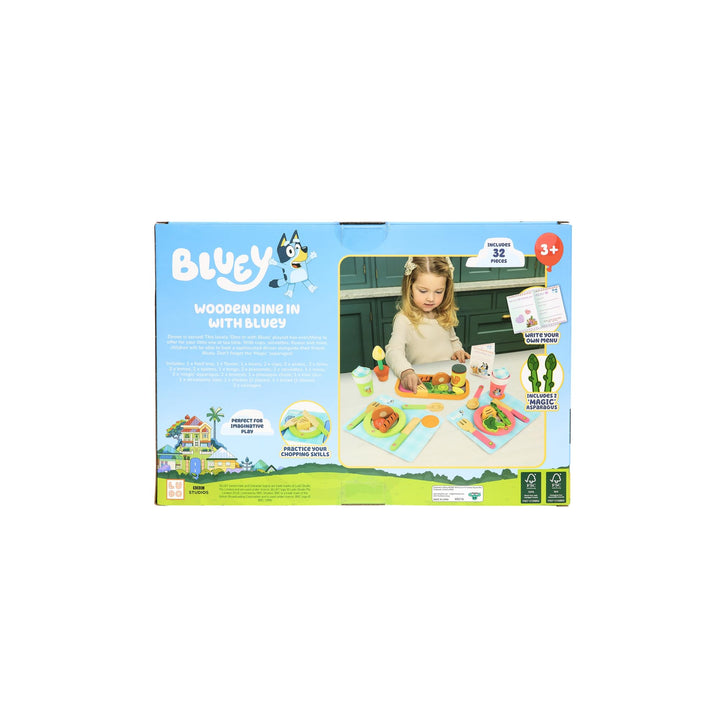 Bluey - Dine in with Bluey Set, 32-Piece Wooden Toy Set with Magic Asparagus, Plates, Utensils & more, Perfect for Role-Play & Imaginative Fun, FSC-certified, Suitable for 3 Years & Up Dine in Set