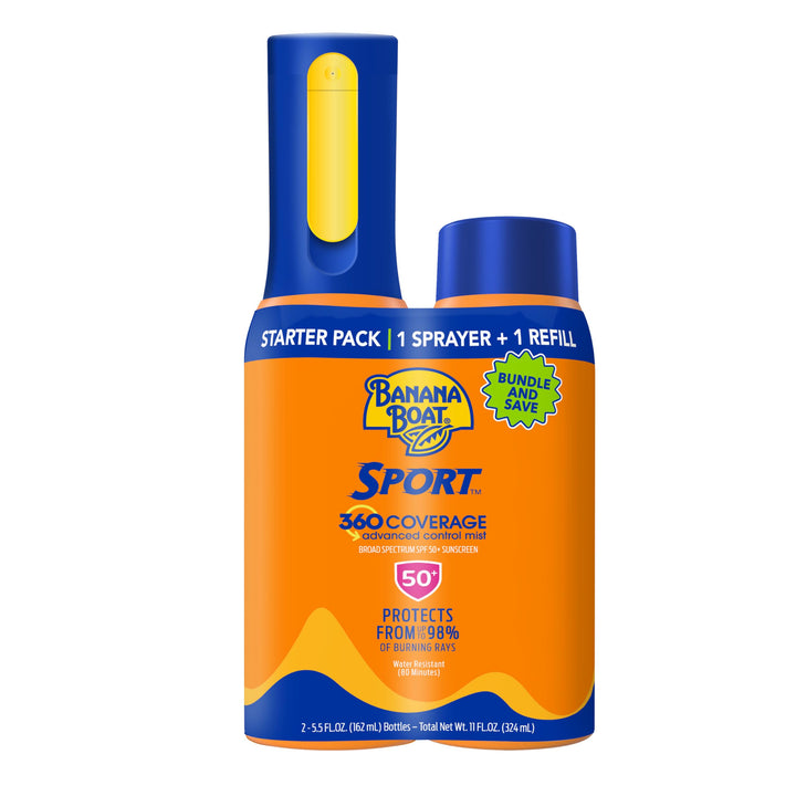 Banana Boat Sport 360 Body Sunscreen SPF 50 Spray Bundle: Non-Aerosol, 360 Coverage Mist, 5.5oz Refillable Bottle & Refill Pack 5.5 Fl Oz (Pack of 1)