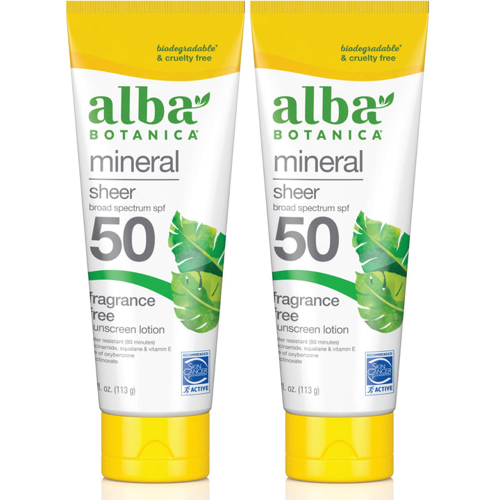 Alba Botanica Mineral Sunscreen Lotion, Broad Spectrum SPF 50 Sunscreen, Water Resistant and Biodegradable, 4 fl. oz. (Pack of 2)