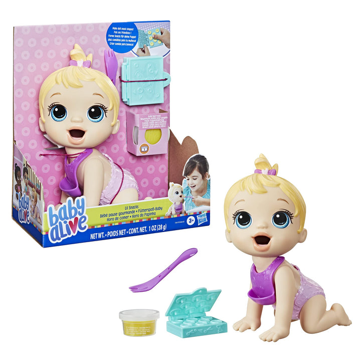 Baby Alive Lil Snacks Doll, Eats and Poops, Snack-Themed 8-Inch Baby Doll, Snack Box Mold, Toy for Kids Ages 3 and Up, Blonde Hair