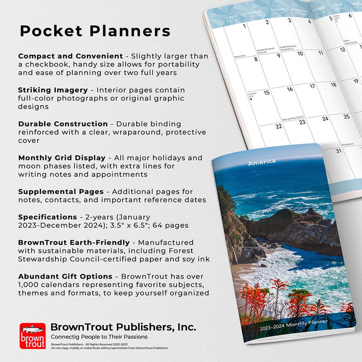 America | 2023-2024 3.5 x 6.5 Inch Two Year Monthly Pocket Planner Calendar | BrownTrout | USA United States Scenic Nature