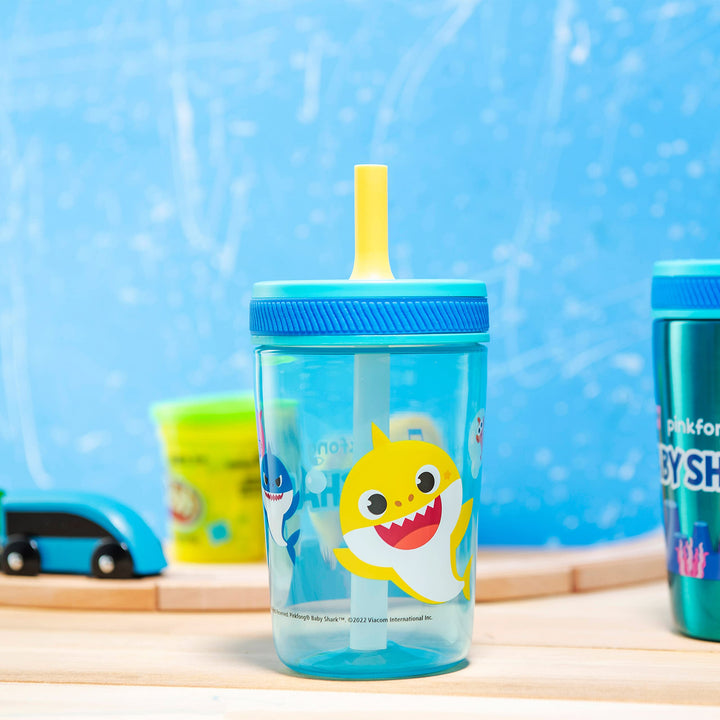 Zak Designs Baby Shark Kelso Tumbler Set, Leak-Proof Screw-On Lid with Straw, Bundle for Kids Includes Plastic and Stainless Steel Cups with Bonus Sipper (3pc Set, Non-BPA)15 fl oz. Classic