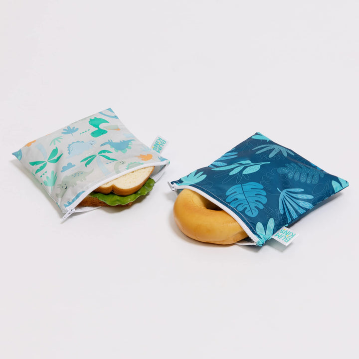 Bumkins Reusable Sandwich and Snack Bags, for Kids School Lunch and for Adults Portion, Washable Fabric, Waterproof Cloth Zip Bag, Travel Pouch, Food-Safe, Large 2-pk Blue Tropic and Dinosaurs