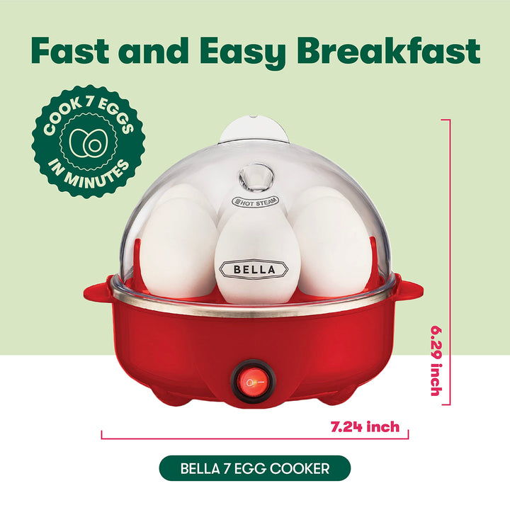 BELLA Rapid Electric Egg Cooker and Poacher with Auto Shut Off for Omelet, Soft, Medium and Hard Boiled Eggs - 7 Egg Capacity Tray, Single Stack, Red