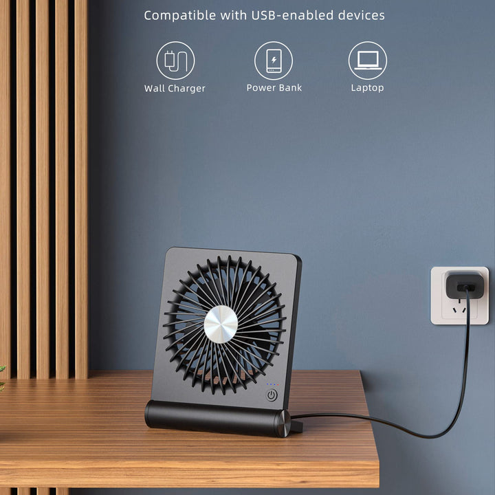 Koonie USB Fan, Strong Wind Ultra Quiet Small Desk Fan 220° Tilt Folding 3 Speeds Adjustable USB-C Corded Powered Personal Fan for Home Office Desktop Black Black without Battery 5.7in