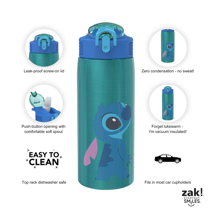 Zak Designs Disney Lilo and Stitch Water Bottle for Travel and At Home, 19 oz Vacuum Insulated Stainless Steel with Locking Spout Cover, Built-In Carrying Loop, Leak-Proof Design (Stitch)