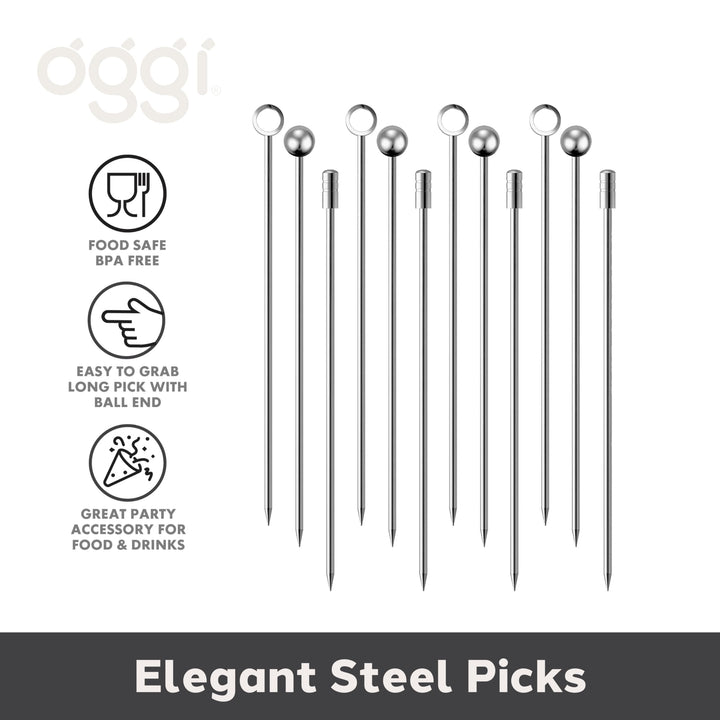 OGGI Metal Cocktail Picks Sticks 12 pcs - Stainless Steel Martini Picks, Reusable Metal Cocktail Skewers, Martini Sticks for Olives, Appetizers, Bloody Mary, 4.25" / 11cm Metal Picks Cocktail Sticks